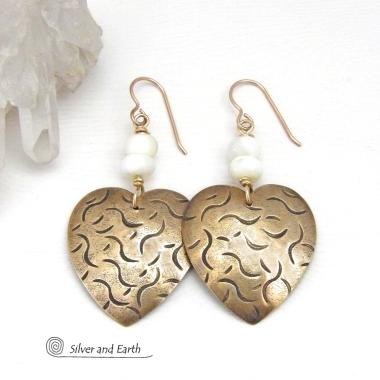 Gold Brass Heart Earrings with Mother of Pearl - Anniversary Jewelry Gifts for Women