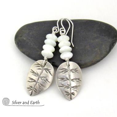 Small Sterling Silver Leaf Earrings with White Mother of Pearl - Modern Earthy Nature Jewelry Gifts for Women