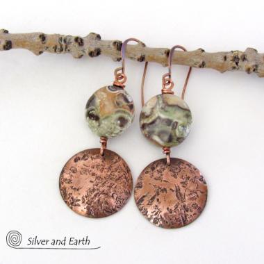 Mushroom Rhyolite Jasper Earrings with Hammered Copper Dangles - Handmade Earthy Natural Gemstone Jewelry