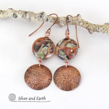 Textured Copper Dangle Earrings with Natural Mushroom Rhyolite Jasper Stones