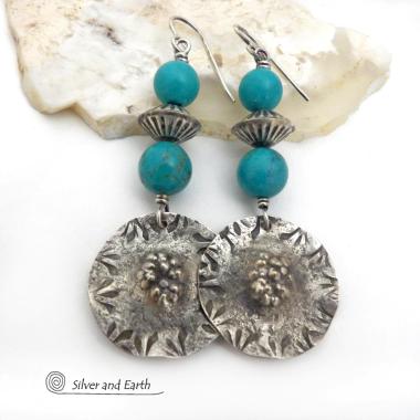 Textured Sterling Silver Earrings with Turquoise Stones and Sterling Silver Beads