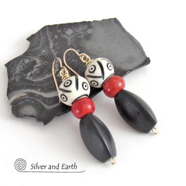 Matte Black Onyx Stone Earrings with African Carved Bone & Red Coral - Ethnic Bohemian Style Jewelry