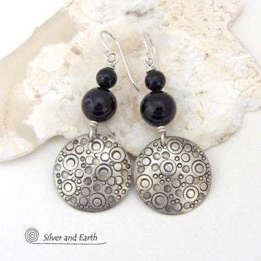 Sterling Silver Earrings with Black Onyx Stones - Unique Modern Silver Jewelry