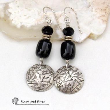 Hand Stamped Sterling Silver Earrings with Black Onyx Gemstones & Faceted Crystal Beads