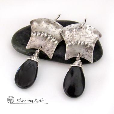 Bold Exotic Sterling Silver Earrings with Black Onyx Gemstones - Unique Handcrafted Artisan Jewelry