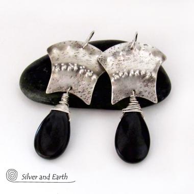 Bold Exotic Sterling Silver Earrings with Black Onyx Gemstones - Unique Handcrafted Artisan Jewelry