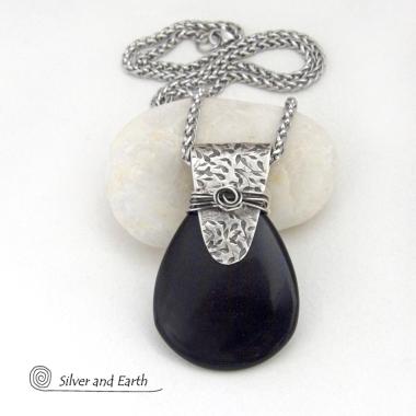 Black Onyx Sterling Silver Pendant Necklace - Contemporary Modern Gemstone Jewelry