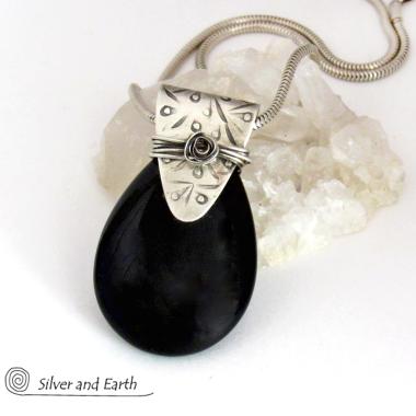 Black Onyx Sterling Silver Pendant Necklace - Contemporary Modern Gemstone Jewelry