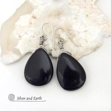 Black Onyx Teardrop Gemstone Earrings - Simplistic Contemporary Modern Chic Jewelry