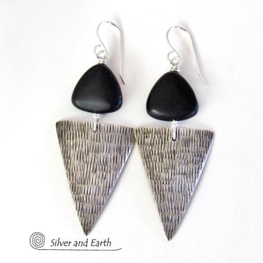 Sterling Silver Triangle Earrings with Black Onyx - Modern Silver Jewelry