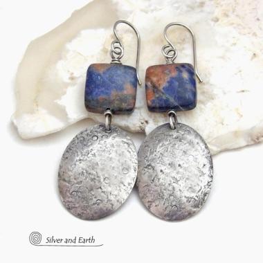 Sterling Silver Earrings with Orange & Blue Sodalite Gemstones - Handcrafted Artisan Silver Jewelry