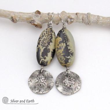 Rustic Hammered Sterling Silver Dangle Earrings with Paintbrush Jasper Stones - One of Kind Natural Stone Jewelry