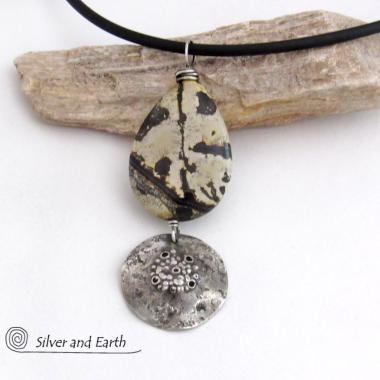 Paintbrush Jasper Stone Necklace with Rustic Hammered Sterling Silver Dangle - One of Kind Natural Stone Jewelry