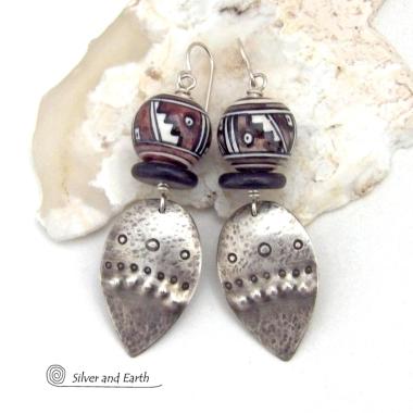 Sterling Silver Earrings with Peruvian Hand Painted Ceramic Beads - Bold Unique Ethnic Tribal Statement Jewelry