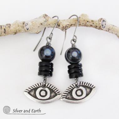 Black Eye Agate Earrings with Pewter Eye Charms - Good Luck Talisman Jewelry