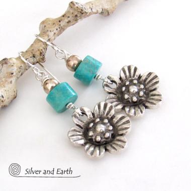 Silver Pewter Flower Earrings with Turquoise - Nature Jewelry Gifts for Her