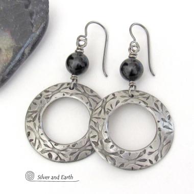 Silver Pewter Circle Hoop Earrings with Black Onyx Gemstones - Artisan Handcrafted Modern Chic Jewelry