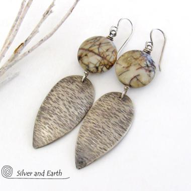 Long Textured Sterling Silver Dangle Earrings with Natural Picasso Jasper Stones