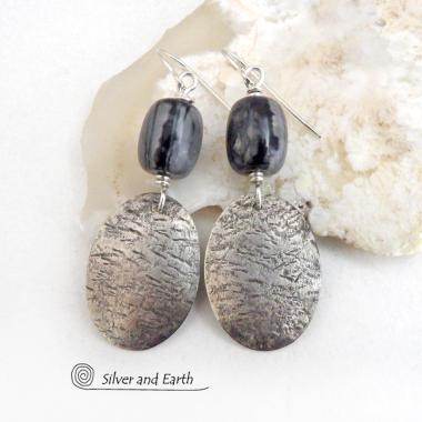 Sterling Silver Dangle Earrings with Grey Black Picasso Marble Gemstones - Artisan Handmade Earthy Natural Stone Jewelry