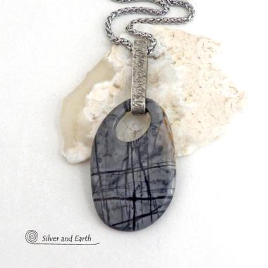 Picasso Marble Gemstone Sterling Silver Pendant Necklace - One of a Kind Earthy Natural Stone Jewelry