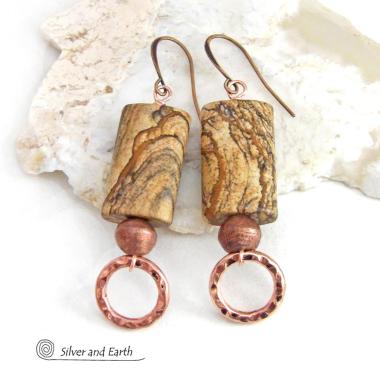 Picture Jasper Stone Earrings with Hammered Copper Dangles - Earthy Natural Stone Jewelry