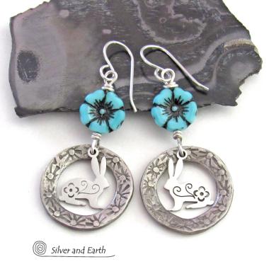 Silver Pewter Circle Hoop Earrings with Blue Flower Beads and Bunny Rabbit Charms - Unique Jewelry Gifts for Flower, Nature & Rabbit Lovers