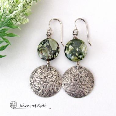 Hand Stamped Sterling Silver Earrings with Earthy Natural Green Rainforest Jasper Stones