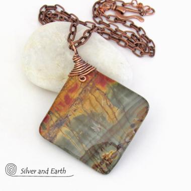 Red Creek Jasper Pendant Necklace - Copper Wire Wrapped Stone Jewelry