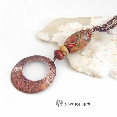 Red Creek Jasper Stone and Copper Circle Pendant Necklace - Modern Earthy Chic One of a Kind Natural Stone Jewelry