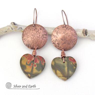 Cherry Creek Jasper Heart Earrings with Copper - Earthy Natural Stone Jewelry Gifts for Women