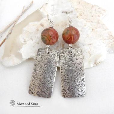 Textured Sterling Silver Earrings with Earthy Natural Red Creek Jasper Stones