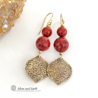 Red Jasper & Gold Brass Dangle Earrings - Elegant Modern Chic Faceted Gemstone Jewelry