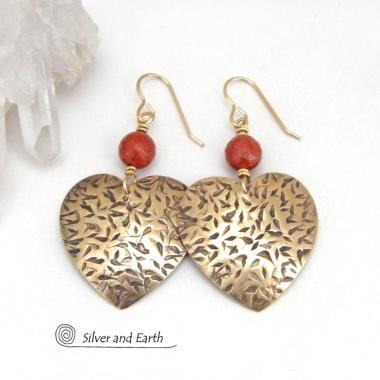 Gold Brass Heart Earrings with Faceted Red Jasper Gemstones - Romantic Jewelry Gifts for Women