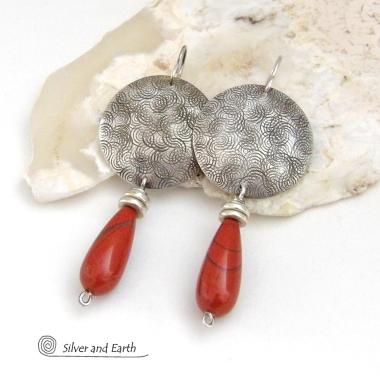 Textured Sterling Silver Earrings with Red Jasper Stones - Bold Modern Handcrafted Jewelry