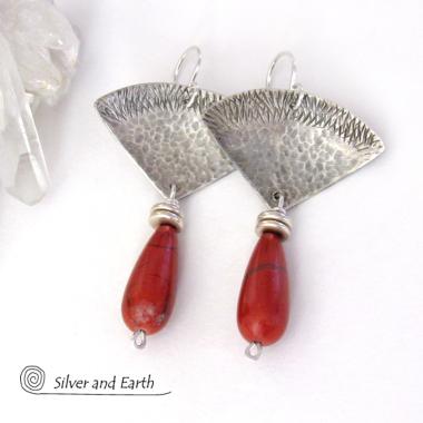Textured Sterling Silver Earrings with Red Jasper Gemstones - Handcrafted Modern Silver Jewelry