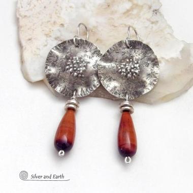 Textured Sterling Silver Earrings with Dangling Red Tigers Eye Stones - Unique Handmade Sterling Jewelry