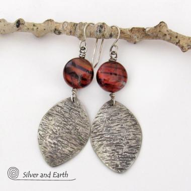 Textured Sterling Silver Earrings with Red Tiger's Eye Stones - Earthy Natural Gemstone Jewelry