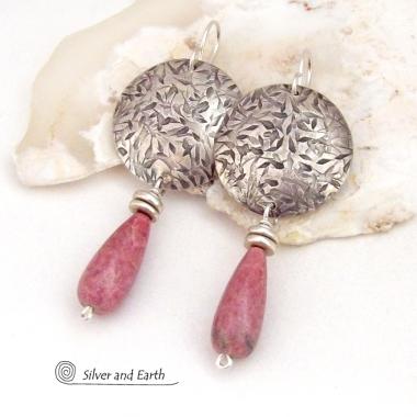 Sterling Silver Earrings with Pink Rhodonite Gemstones - Handmade Silver & Stone Jewelry