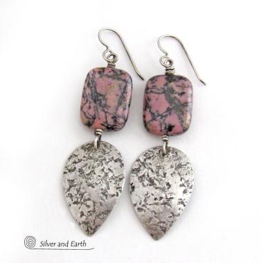 Pink and Black Rhodonite Natural Gemstone Earrings with Sterling Silver Dangles