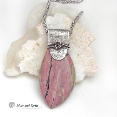 Large Pink Rhodonite Sterling Silver Necklace - Unique One of a Kind Natural Gemstone Jewelry