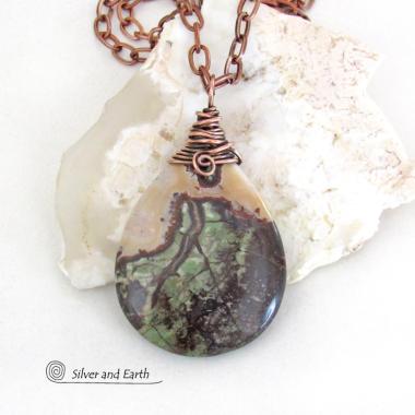 Copper Wire Wrapped Rhyolite Jasper Stone Pendant Necklace - Earthy Boho One of a Kind Natural Gemstone Jewelry