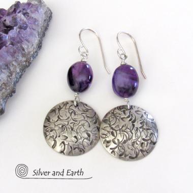 Sterling Silver Dangle Earrings with Purple Amethyst Gemstones