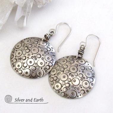 Round Sterling Silver Earrings with Hand Stamped Circle Design - Unique Handmade Artisan Jewelry