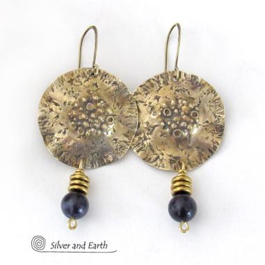 Hammered Gold Brass Earrings with Blue Goldstone Dangles - Earthy Modern Chic Artisan Handmade Jewelry