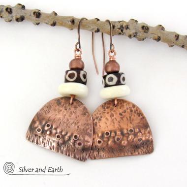 Rustic Hammered Copper Earrings with African Beads - Ethnic Tribal Style Jewelry