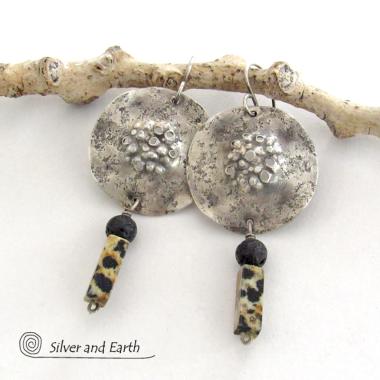 Rustic Hammered Sterling Silver Earrings with Dalmatian Jasper and Black Lava Stones