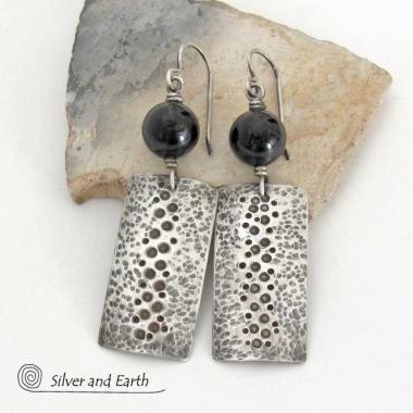 Black Onyx and Sterling Silver Earrings with Hammered & Stamped Texture - Artisan Handcrafted Earthy Rustic Organic Modern Jewelry