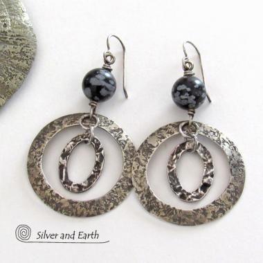 Sterling Silver Double Hoop Earrings with Black Snowflake Obsidian Stones - Artisan Handmade Bold Modern Contemporary Jewelry