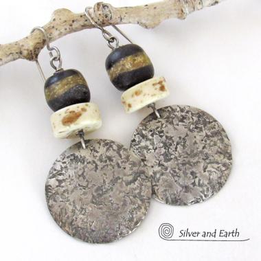 Rustic Hammered Sterling Silver Earrings with African Glass and Bone Beads - Bold Ethnic Tribal Style Jewelry 