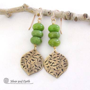 Hand Stamped Gold Brass Dangle Earrings with Green Serpentine Gemstones - Modern Earthy Chic Natural Stone Jewelry